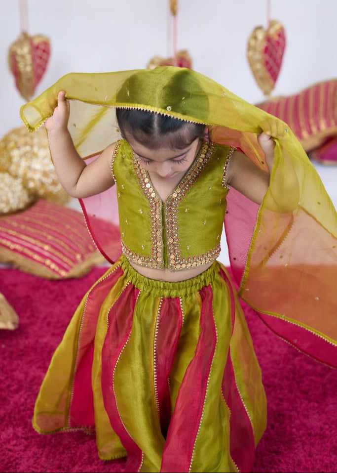 Red And Green Metal Work Top With Lehenga Set