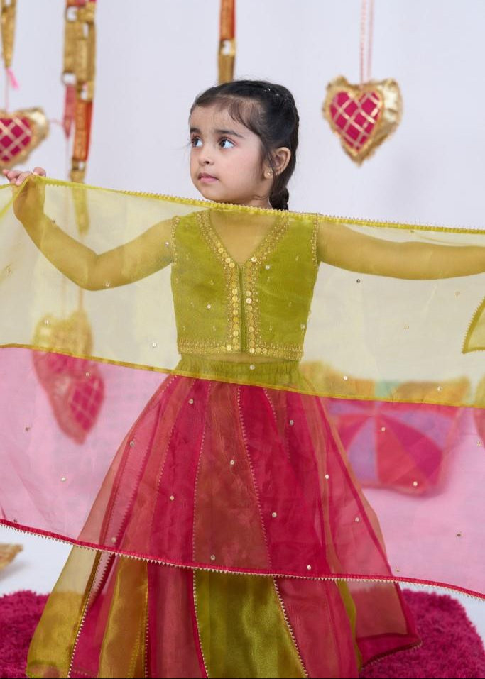 Red And Green Metal Work Top With Lehenga Set