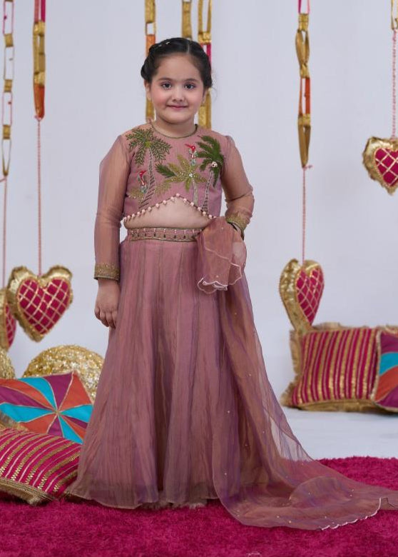 Pink Jungle Motif Top With Lehenga Set