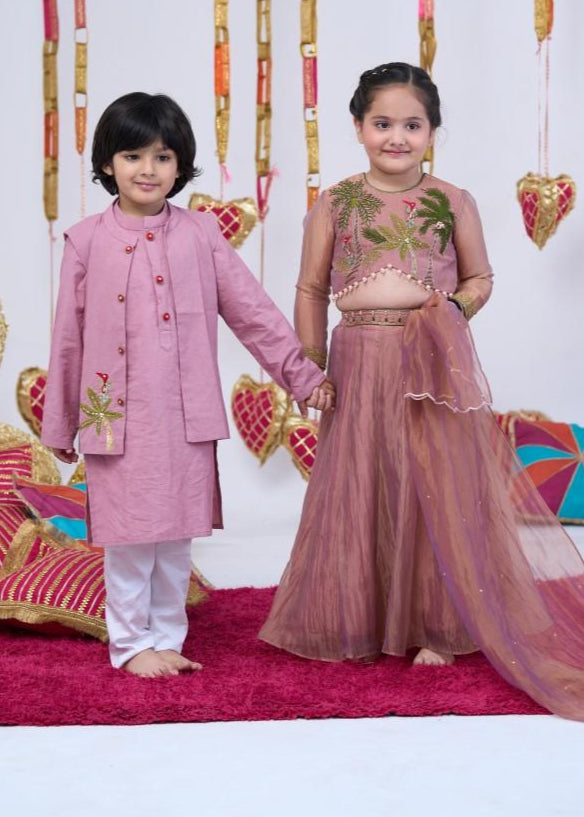 Pink Jungle Motif Top With Lehenga Set