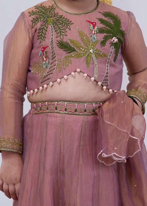 Pink Jungle Motif Top With Lehenga Set