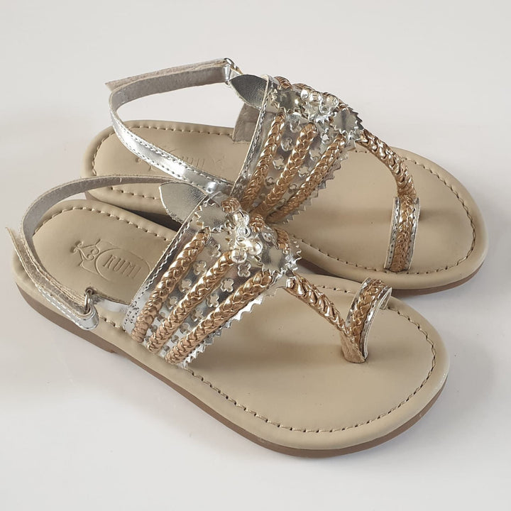 Silver And Rose Gold Beige Kolhapuri Sandals