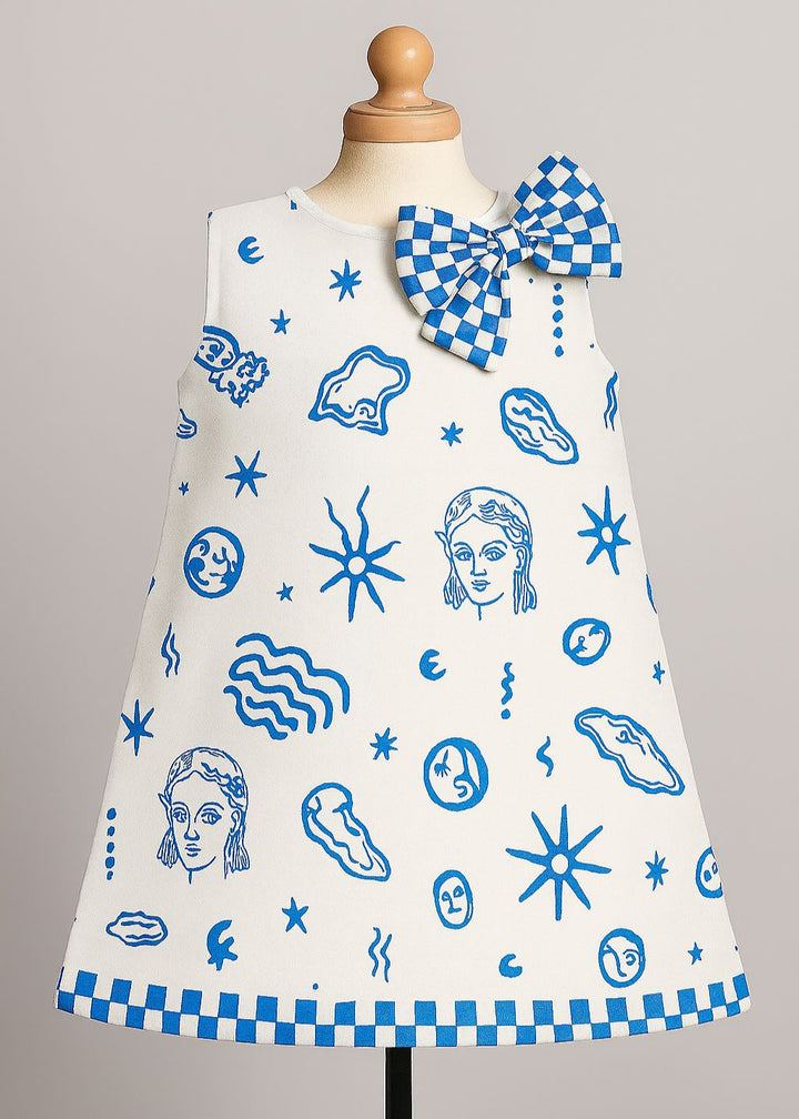 White And Blue Floral Printed A-Line Dress