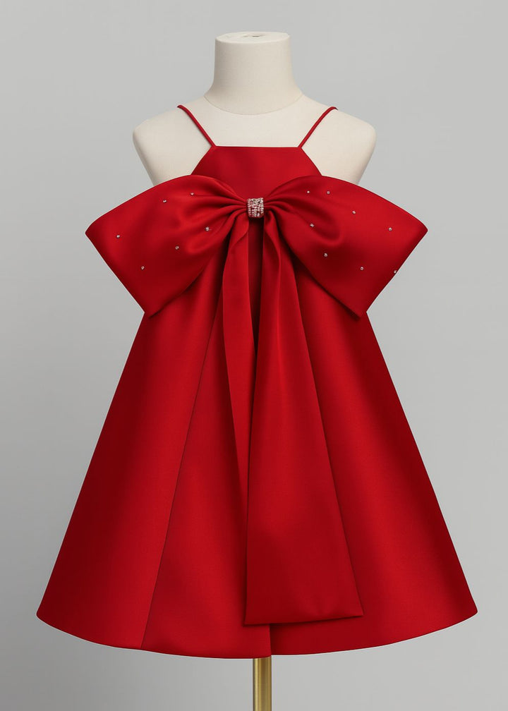 Red Satin Check A-line Scalloped Collar Dress