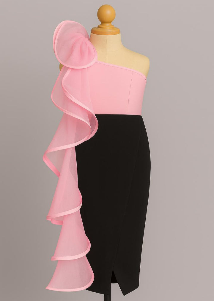 Pink and Black Ruffle Shoulder Dress