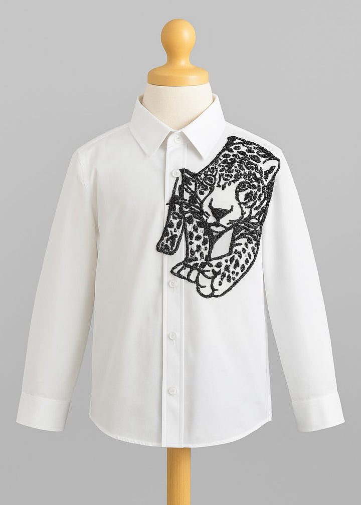 White Leopard Embroidery Cotton Shirt