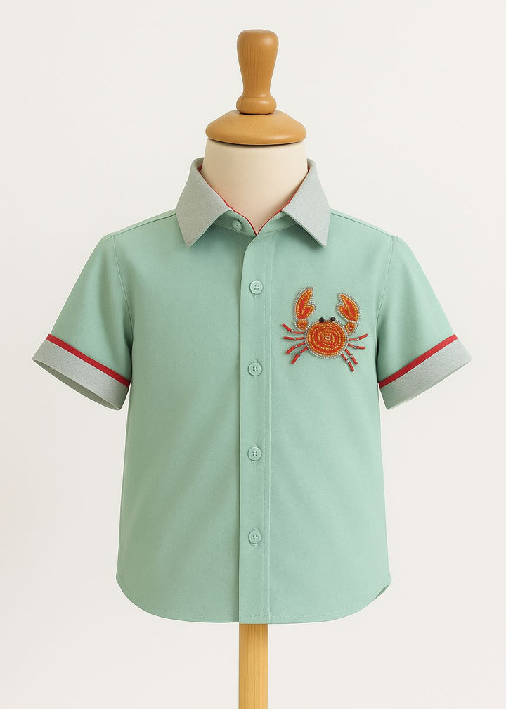Green Crab Embroidery Cotton Half Shirt