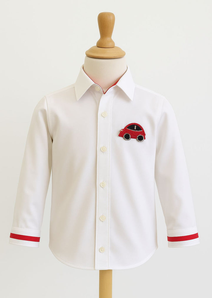 White And Red Car Embroidered Cotton Shirt
