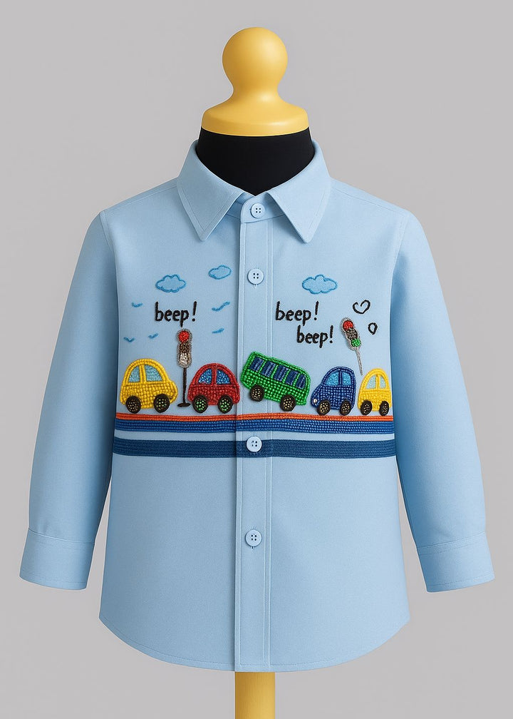 Sky Blue Car Traffic Cotton Shirt