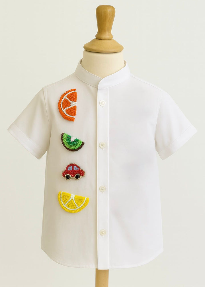 White Fruity Embroidery Cotton Shirt