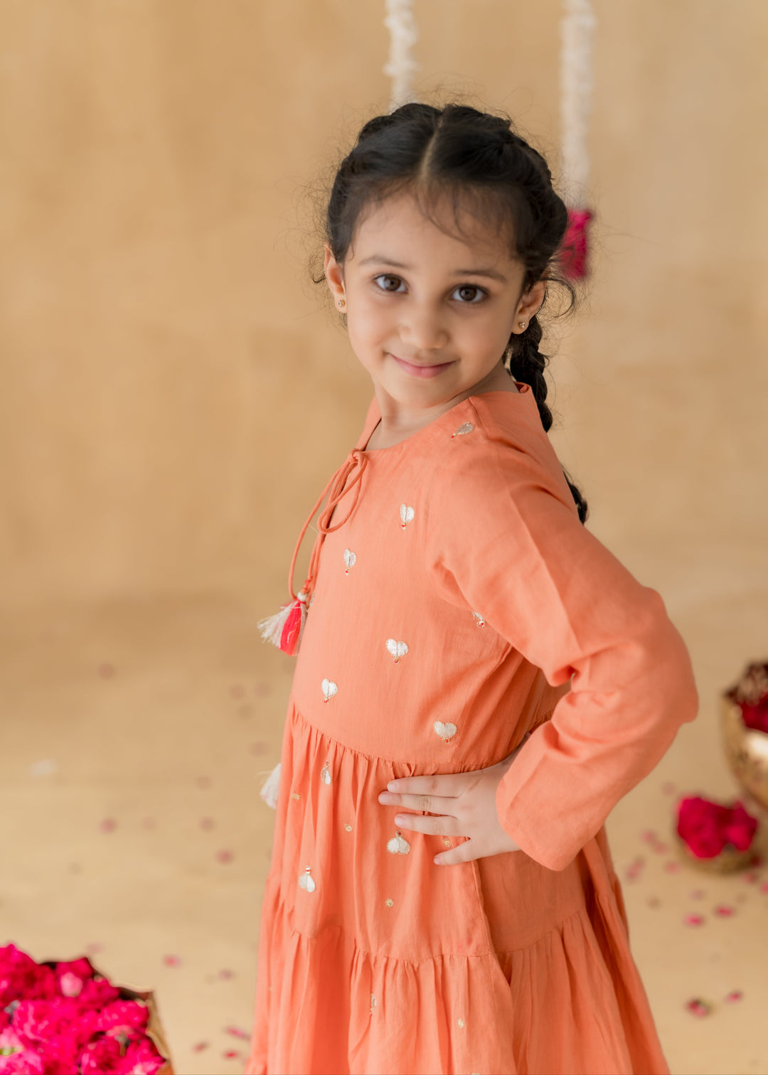 Orange Heart Motifs Meher Tiered Malmal Kurta With Pyjama Set