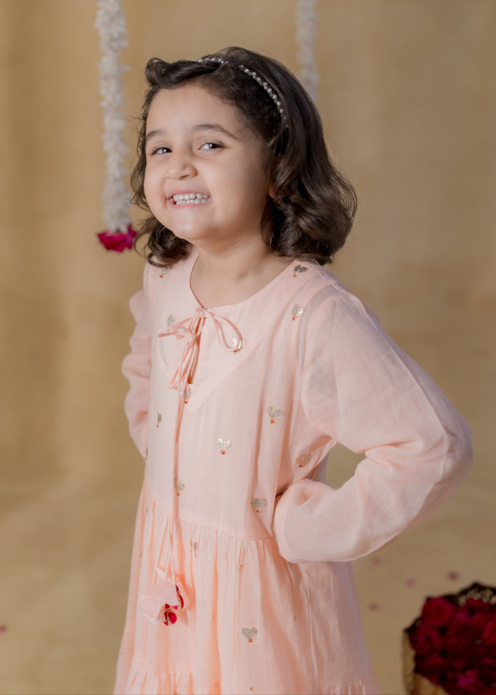 Pink Heart Motifs Meher Tiered Malmal Kurta With Pyjama Set