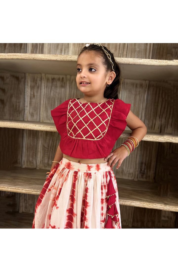 Red Gota Work Choli With Tie N Dye Lehenga Set