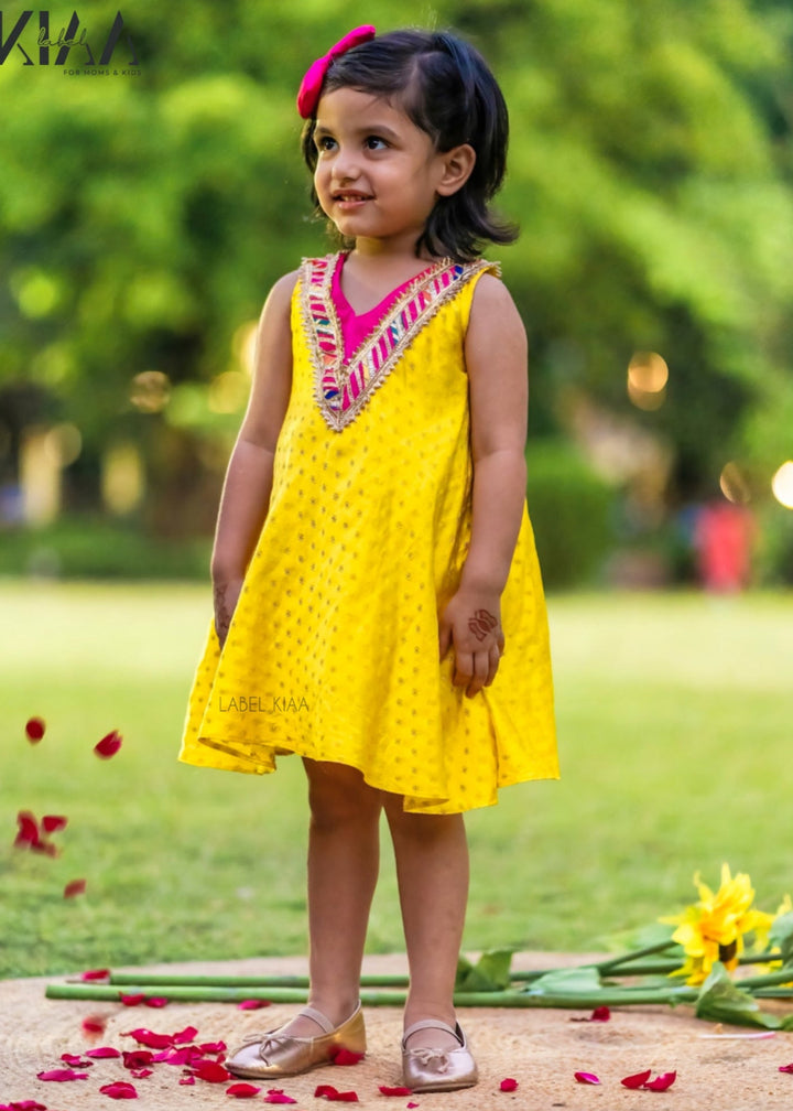 Yellow Soft Brocade Birdie Tassel Dress