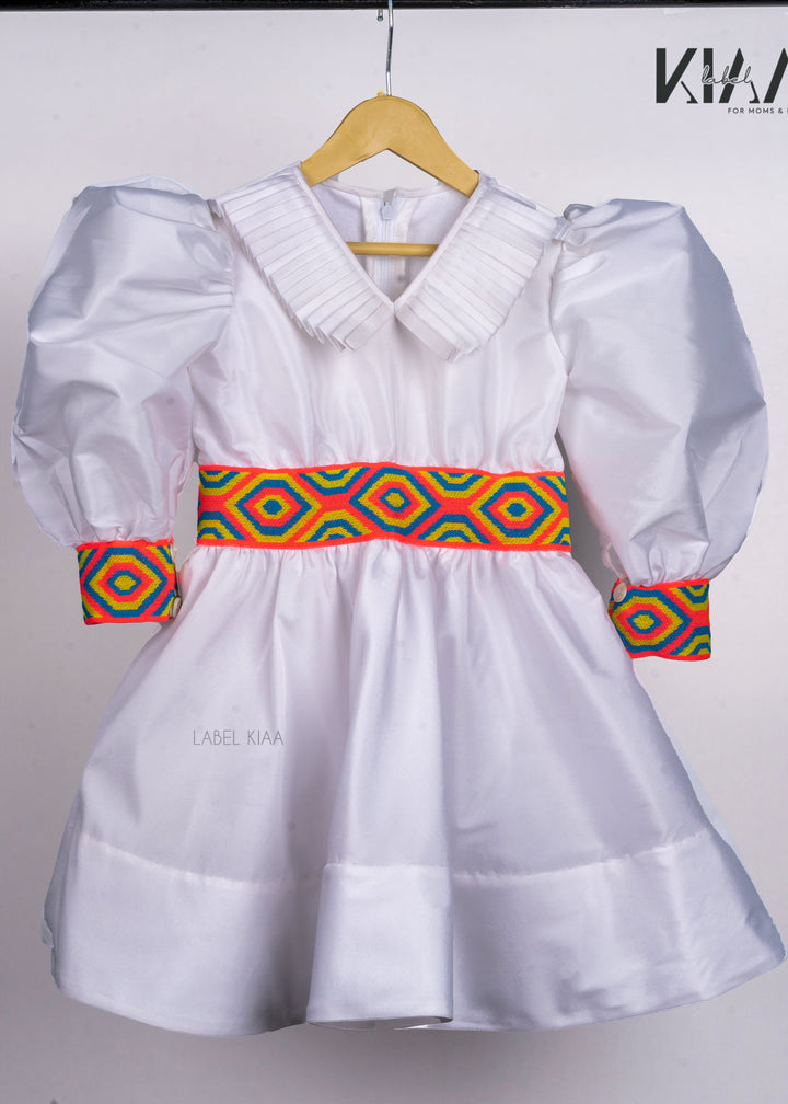 White Pleated With Neon Elastic Waist Collar Dress