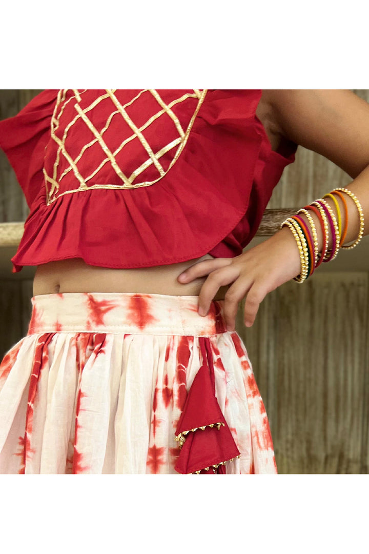 Red Gota Work Choli With Tie N Dye Lehenga Set