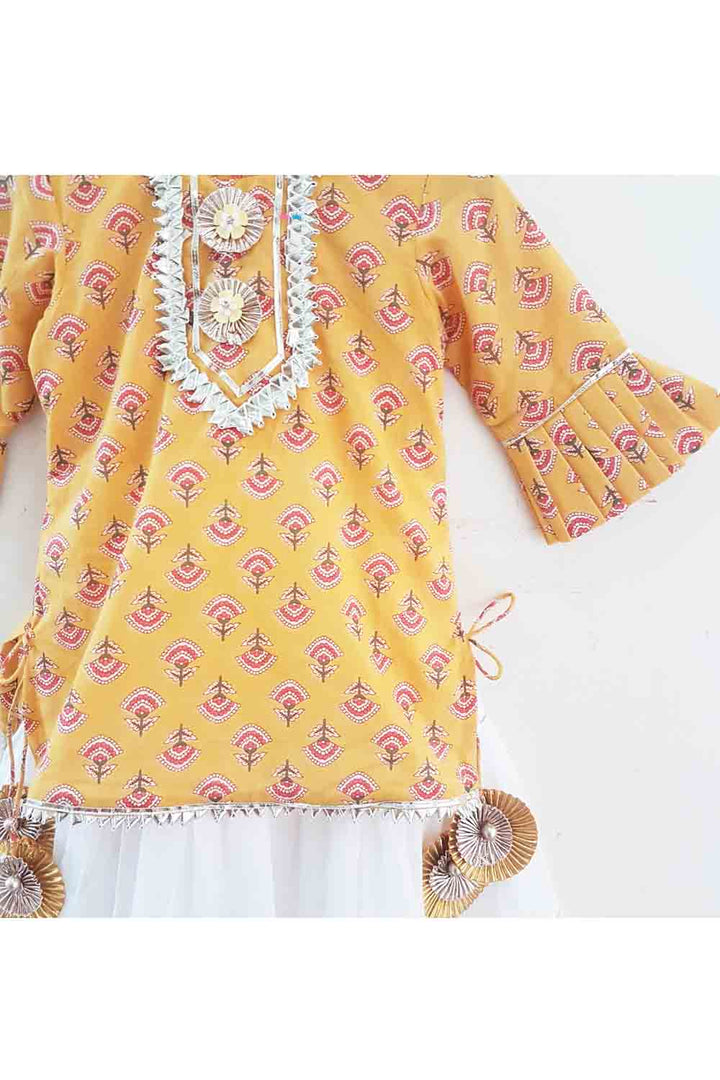 Anarkali style mustard floral print kurta with attached lehenga with mask