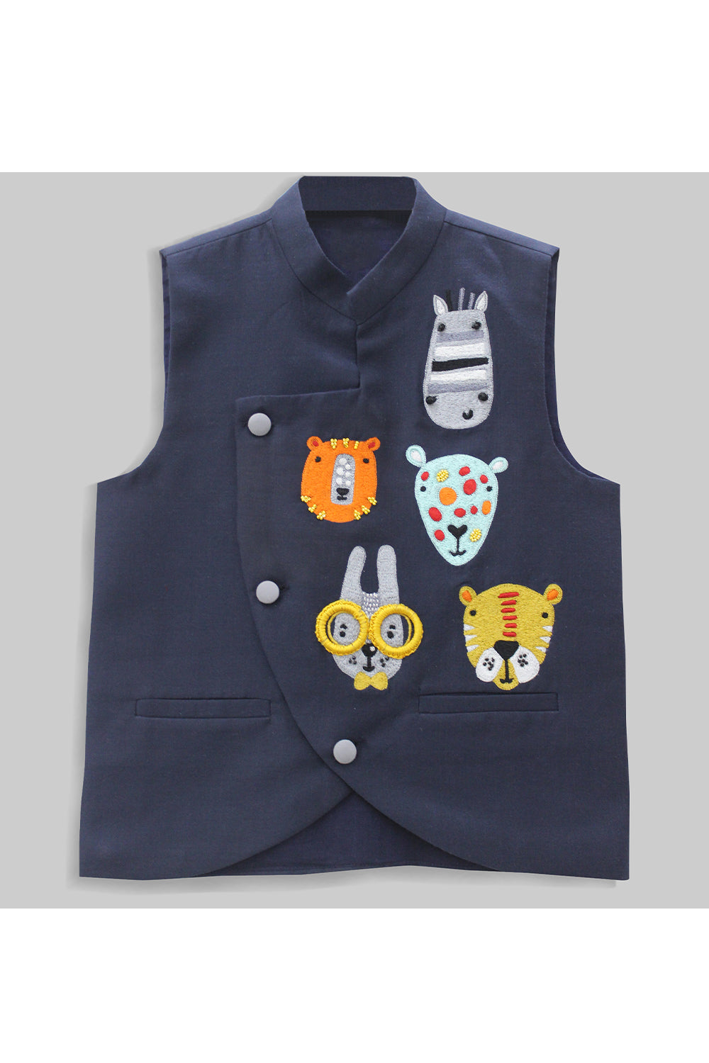 Cartoon faces embroidered blue nehru jacket