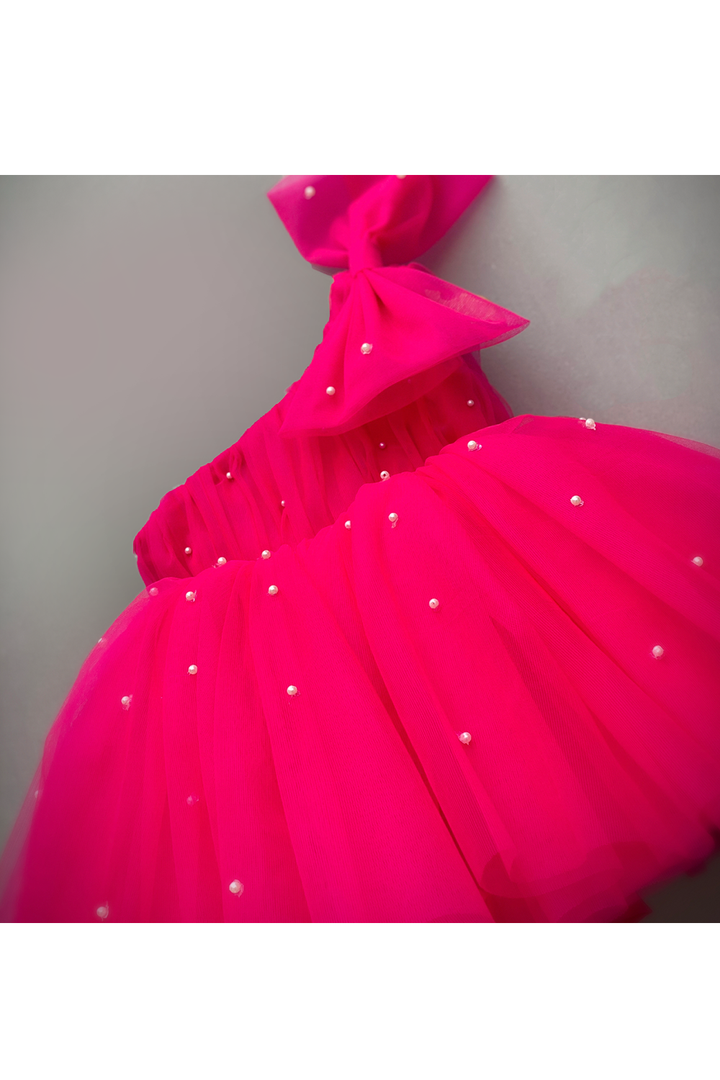 Pearls embroidered one shoulder bow dress