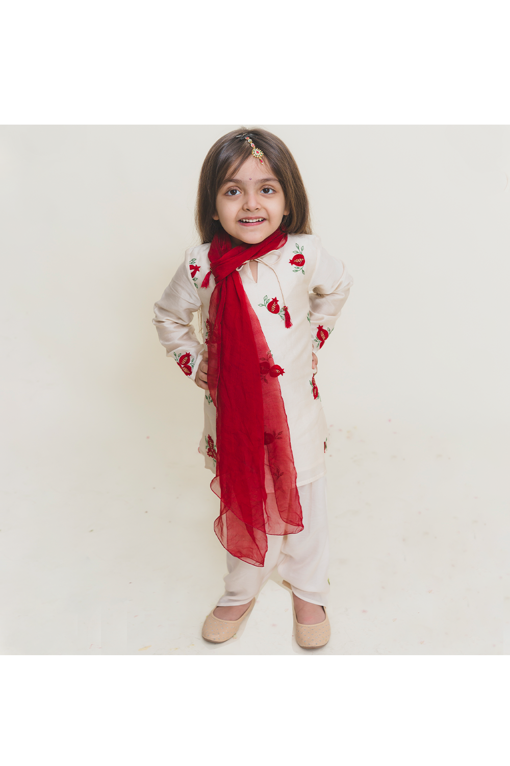 Pomegranate motif embroidered white straight kurta pant set