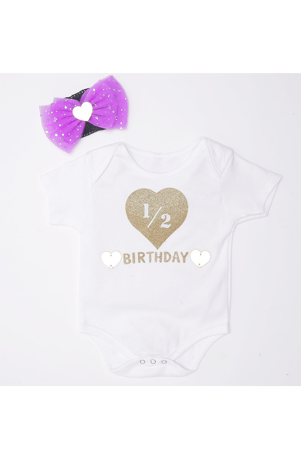 Purple half birthday bodysuit with tutu skirt and hairband
