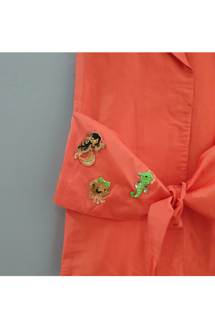 Orange embroidered belt one piece dress
