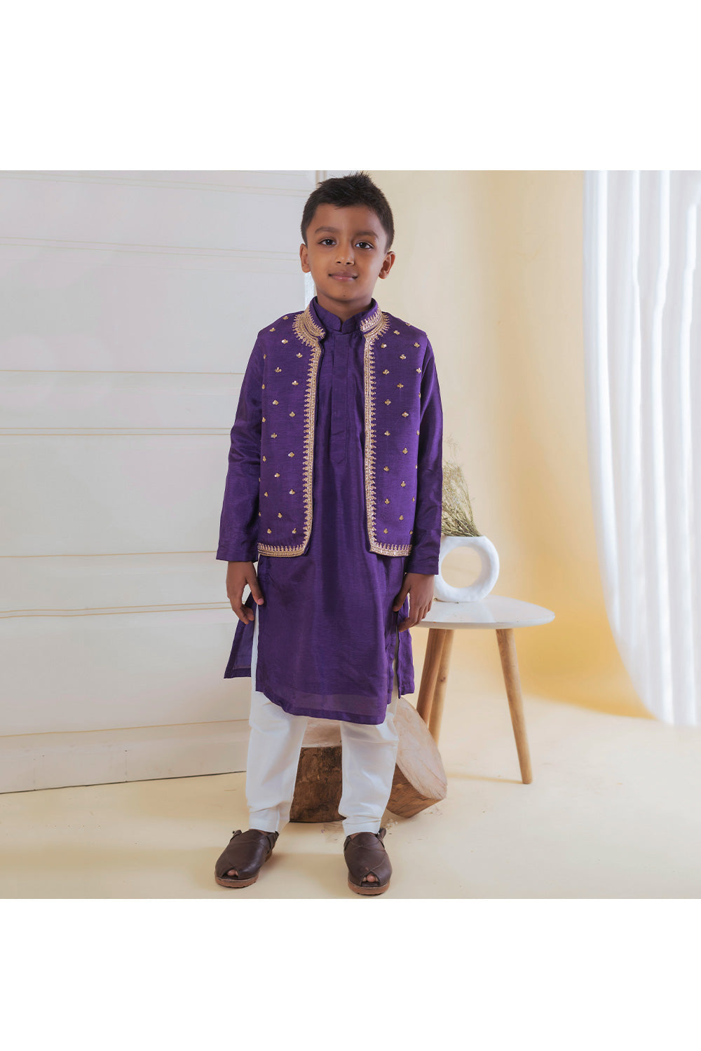Purple Roman Silk Kurta With Buti Embroidered Jacket Set