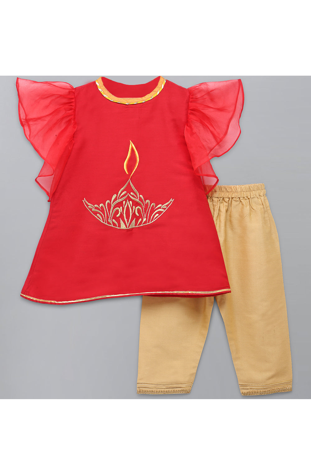 Red Fire Lamp Embroidered Kurta With Beige Pant Set