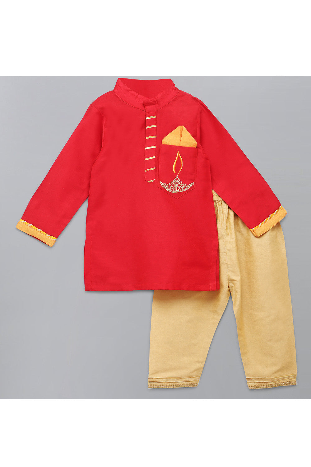 Red Fire Lamp Embroidered Kurta With Beige Pyjama