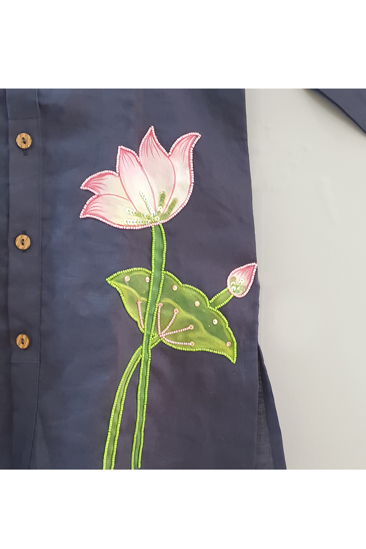 Hand painted lotus dark blue kurta shirt