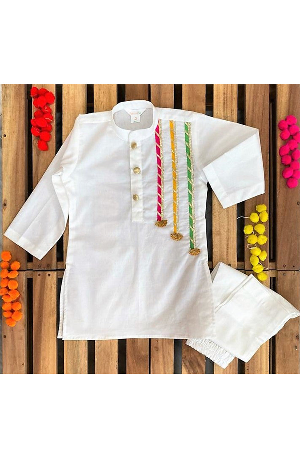 Off white multicolor gota work holi kurta with pyjama