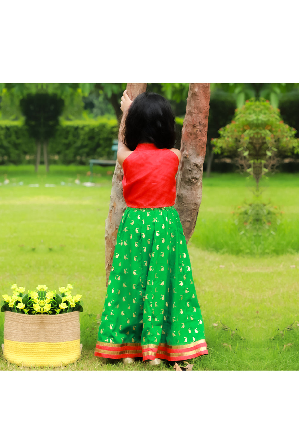 Red top with green dolphin printed ghaghra