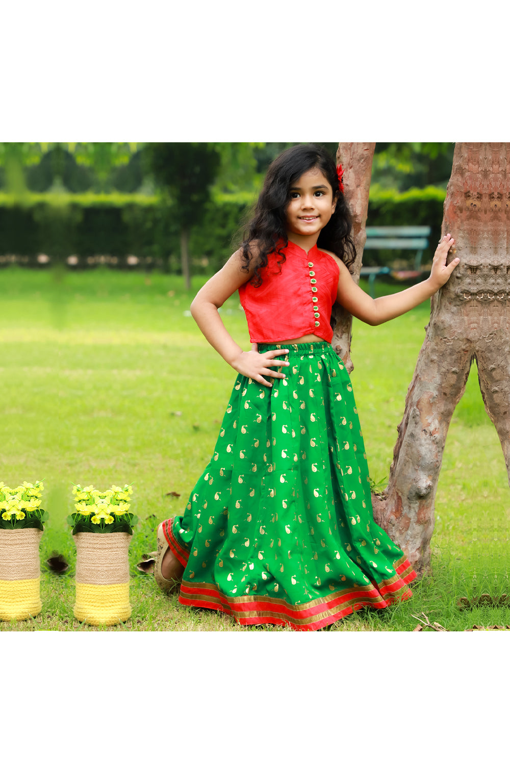 Red top with green dolphin printed ghaghra