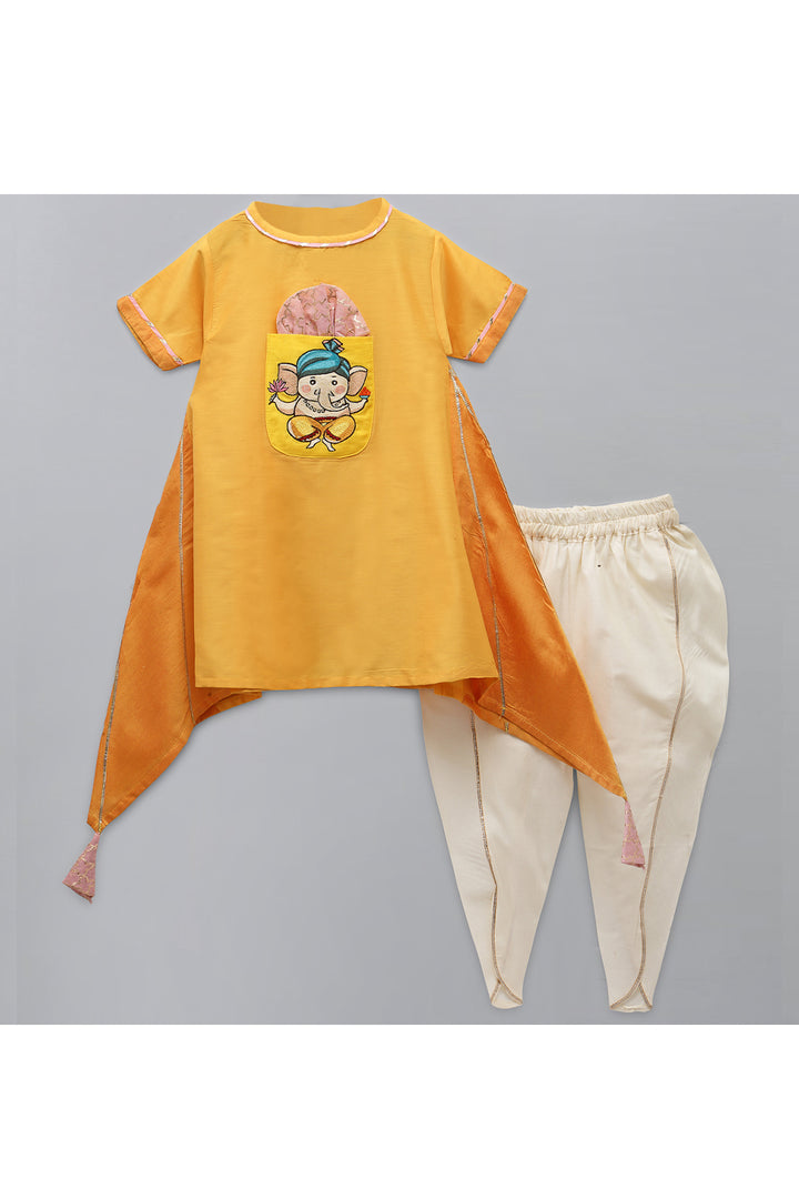 Yellow Ganpati Embroidered Assymetric Kurta With White Dhoti Set