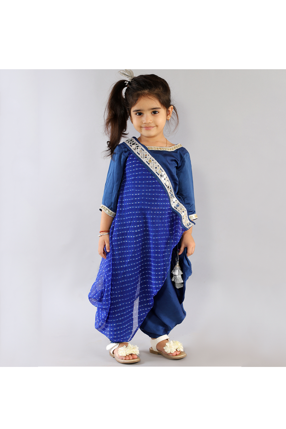 Royal blue lehriya drape crop top with dhoti