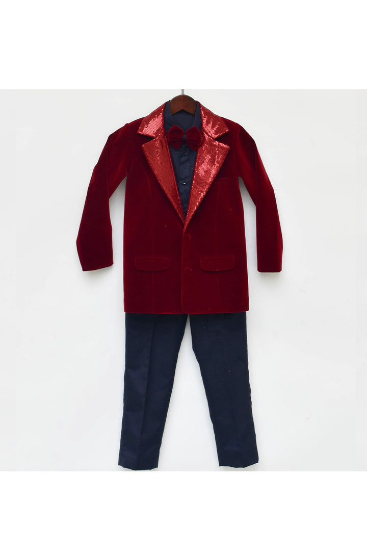 Black Silk Shirt With Maroon Sequins Detailing Velvet Coat Set