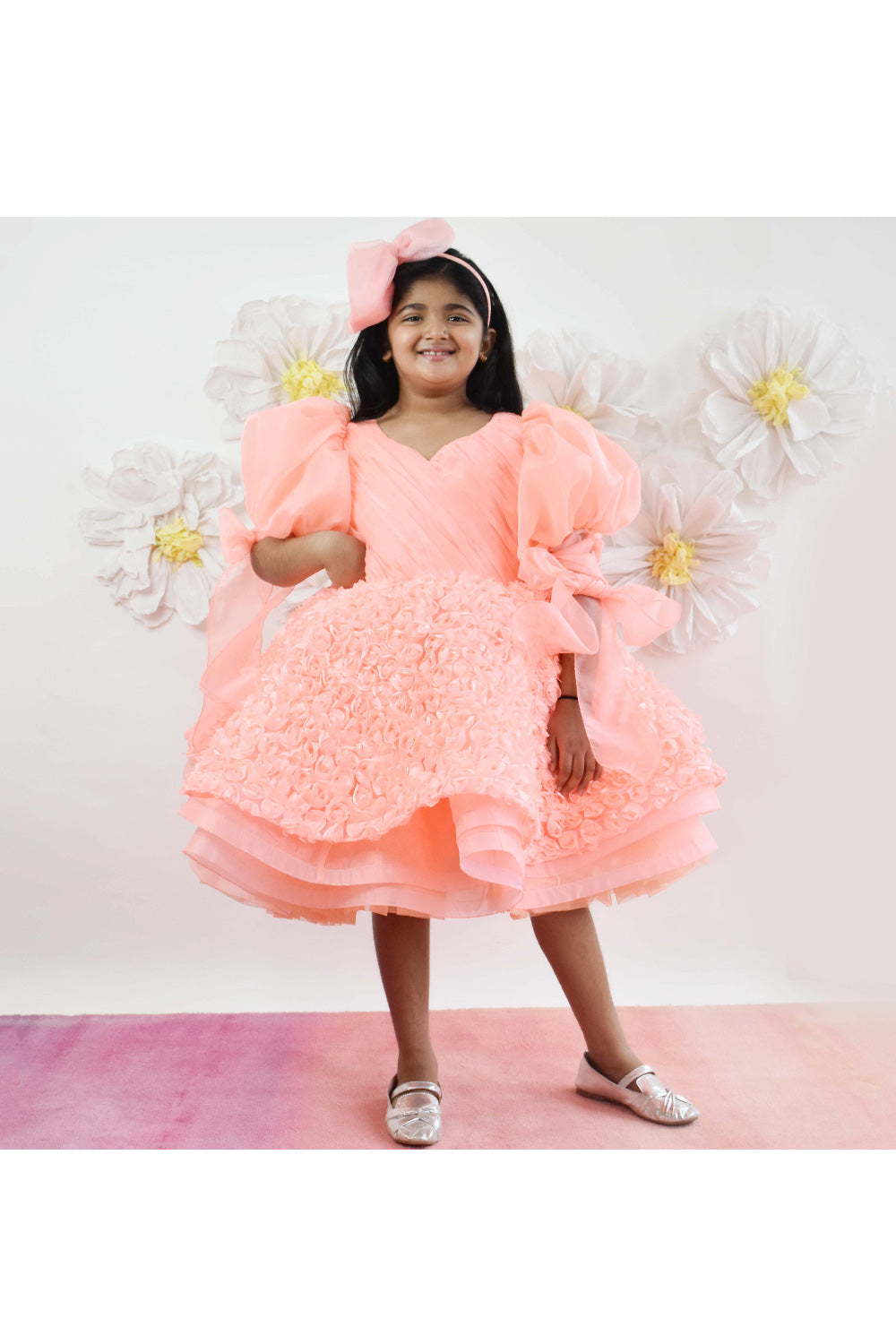 Peach Pleated Organza Layered Dress