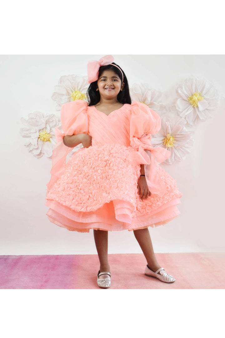 Peach Pleated Organza Layered Dress