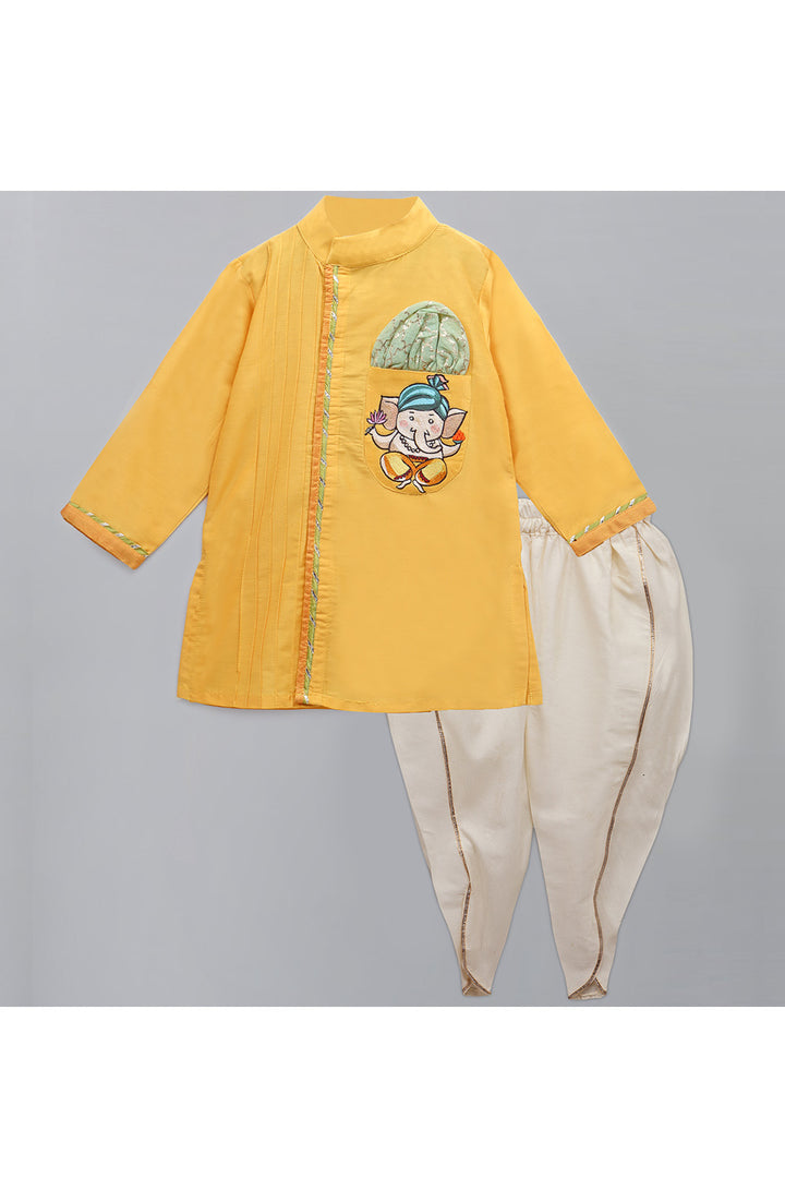 Mustard Yellow Ganpati Embroidered Kurta With Off White Dhoti Set