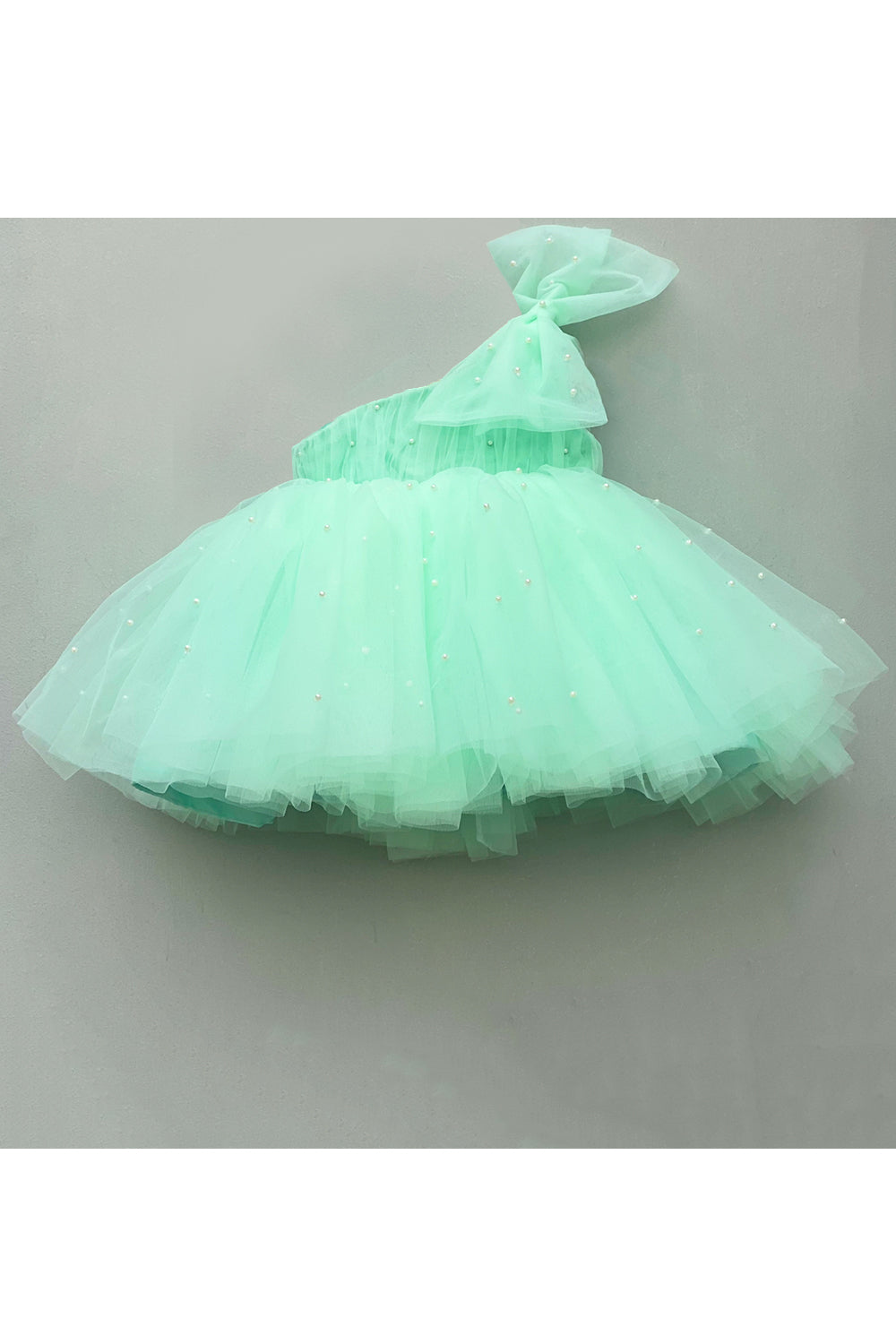 Pearls embroidered one shoulder bow dress