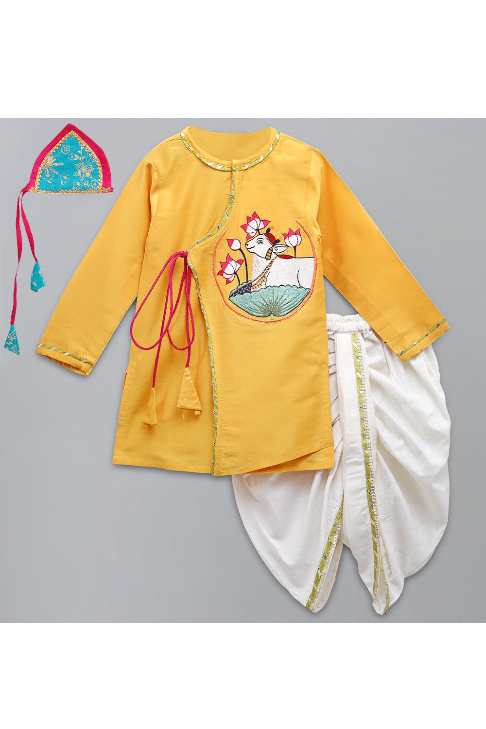 Yellow Embroidered Angarkha Kurta With Off White Dhoti Set
