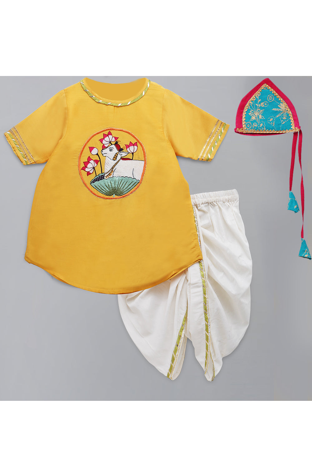 Yellow Embroidered Kurta With White Dhoti Set