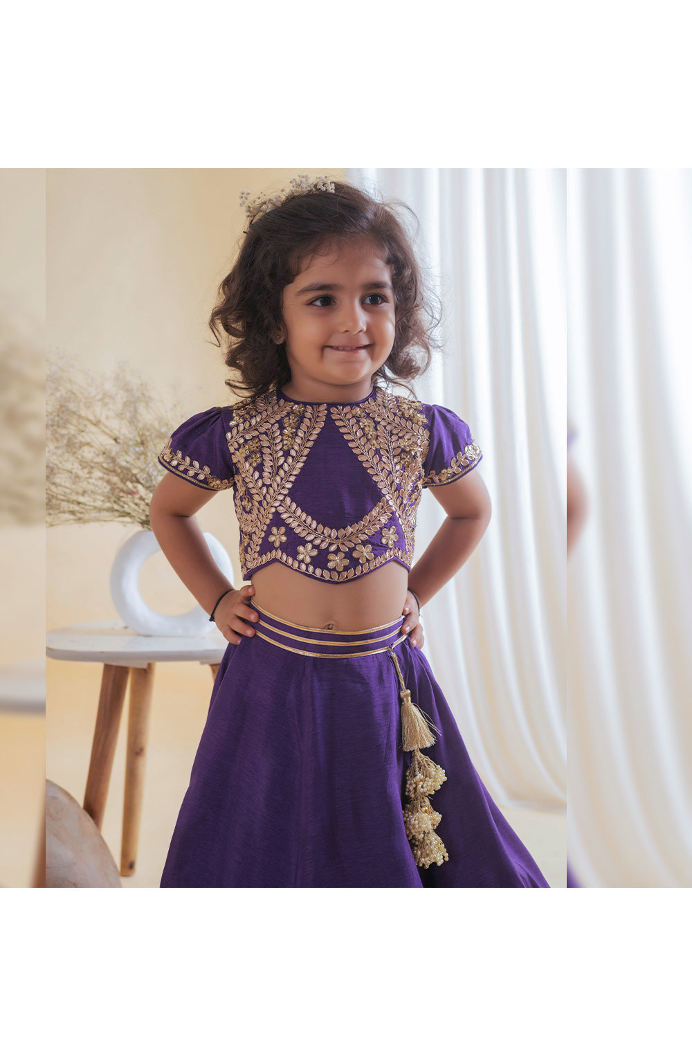 Purple Gota Embroidered Top With Lace Detailing Lehenga Set