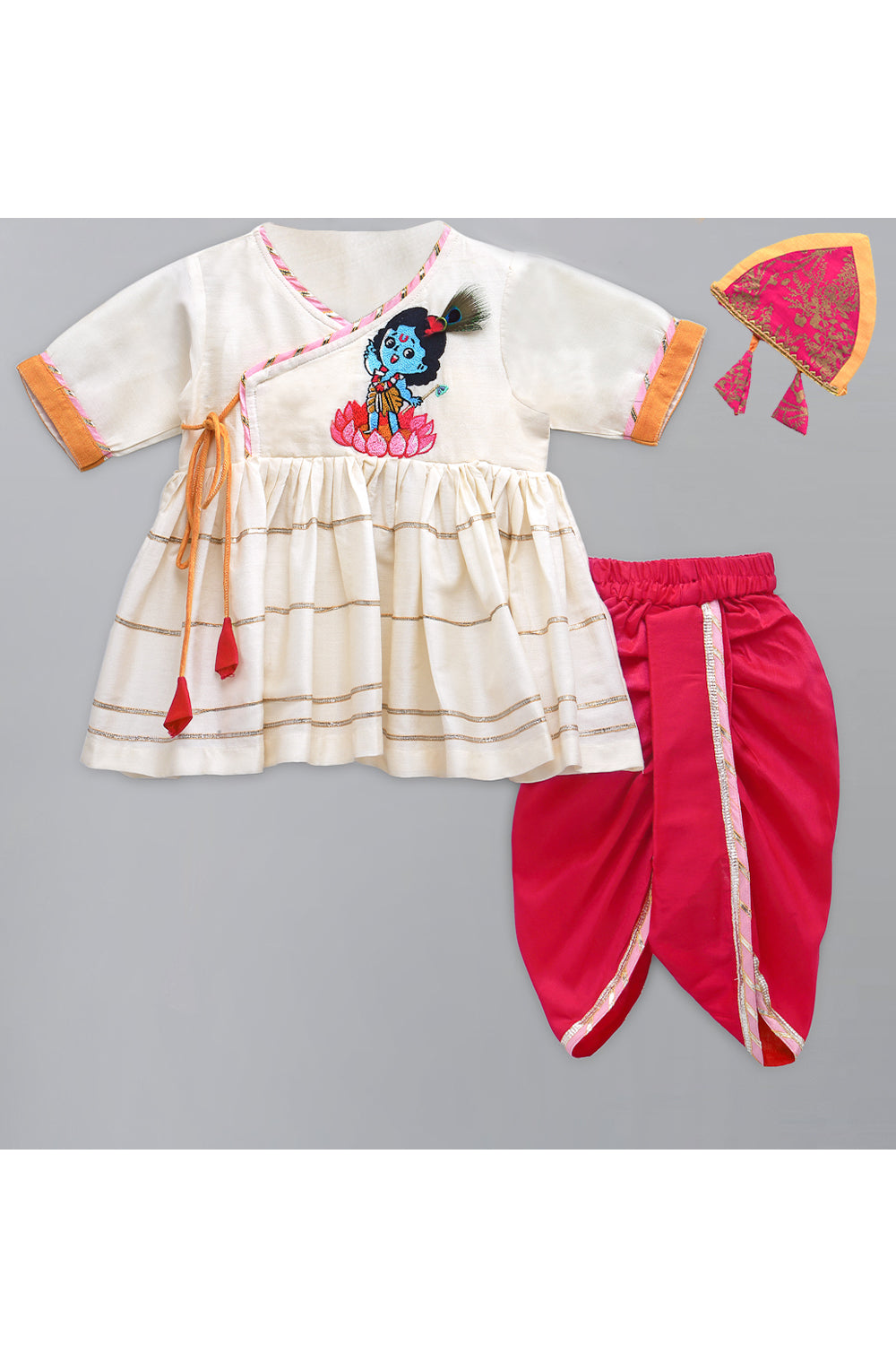 Off White krishna Embroidered Angarkha Kurta With dhoti Set