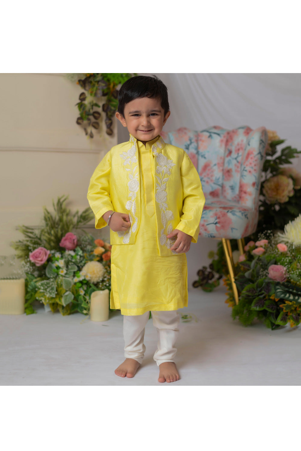 Yellow Roman Silk Kurta With Floral Embroidered Jacket Set