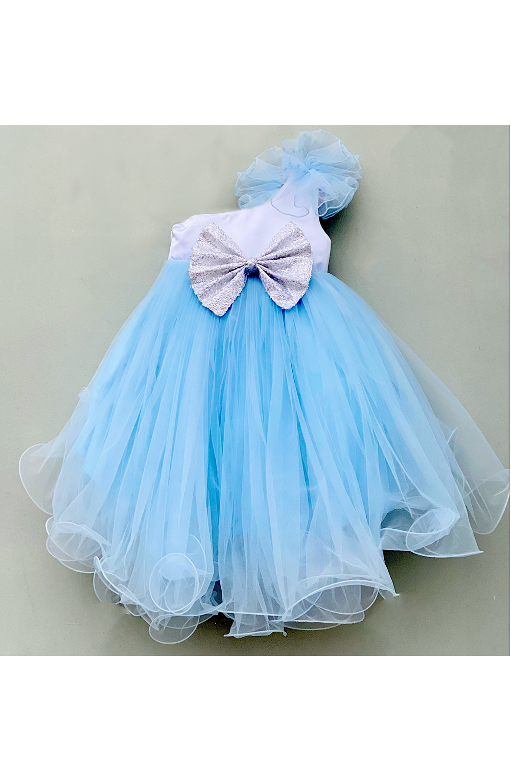 Blue and white princess embroidery high low dress