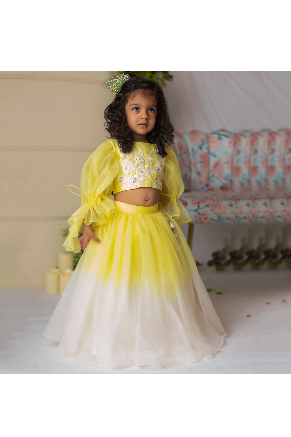 Yellow And White Floral Embroidered Top With Lehenga Set