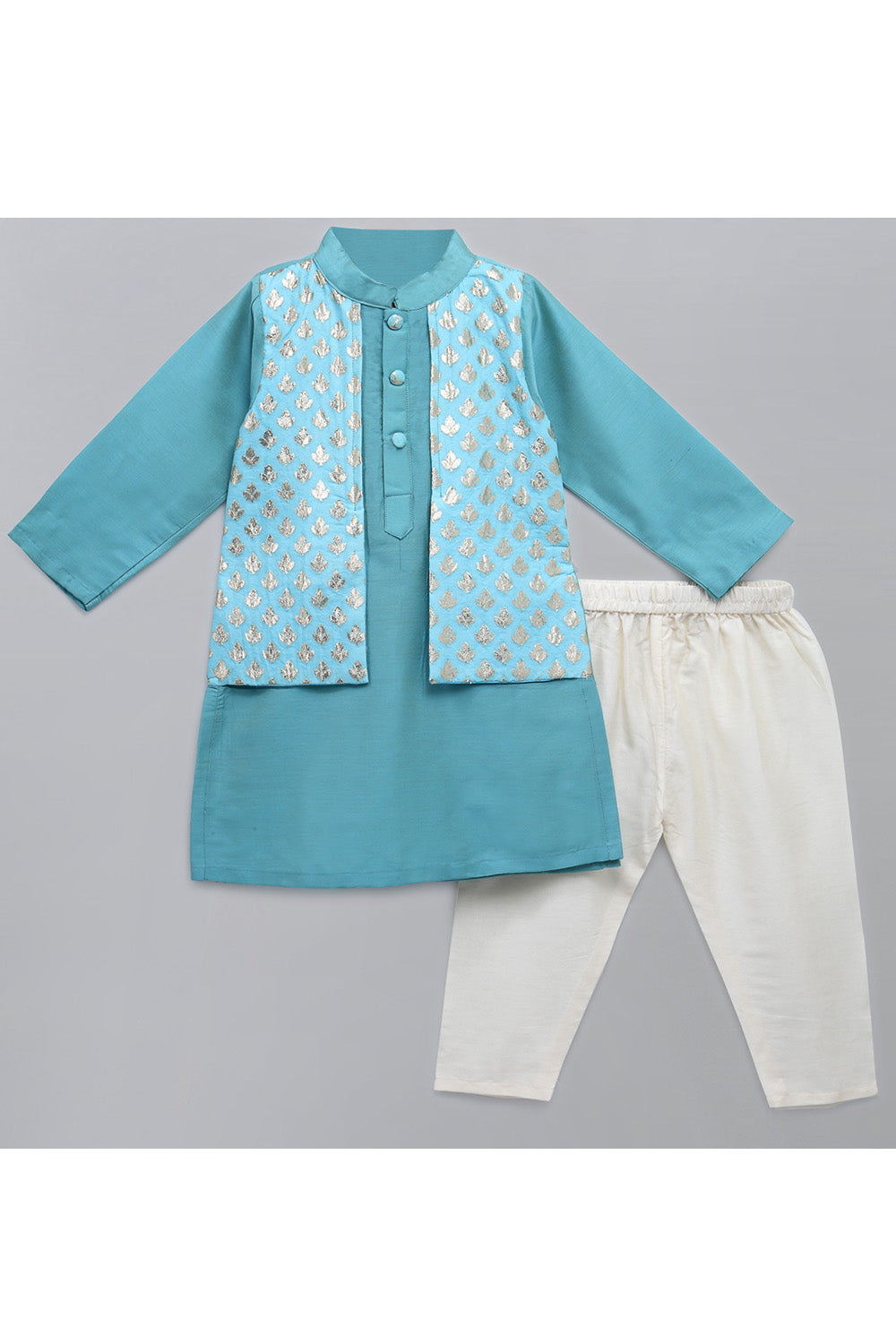 Blue Cotton Silk kurta With Attached Jacket Pyjama Set