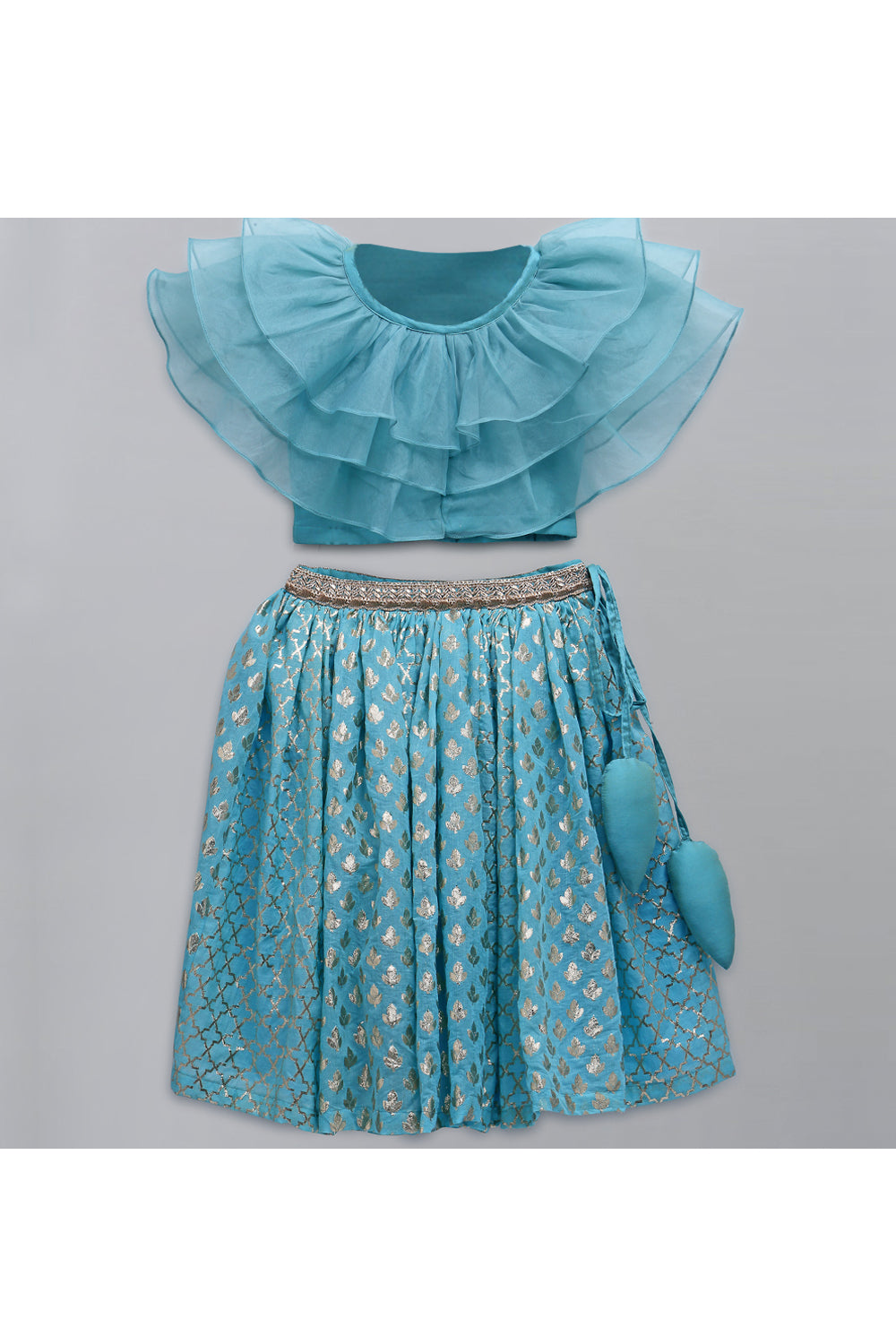 Organza Ruffled Top With Cotton Zari Embroidered Lehenga