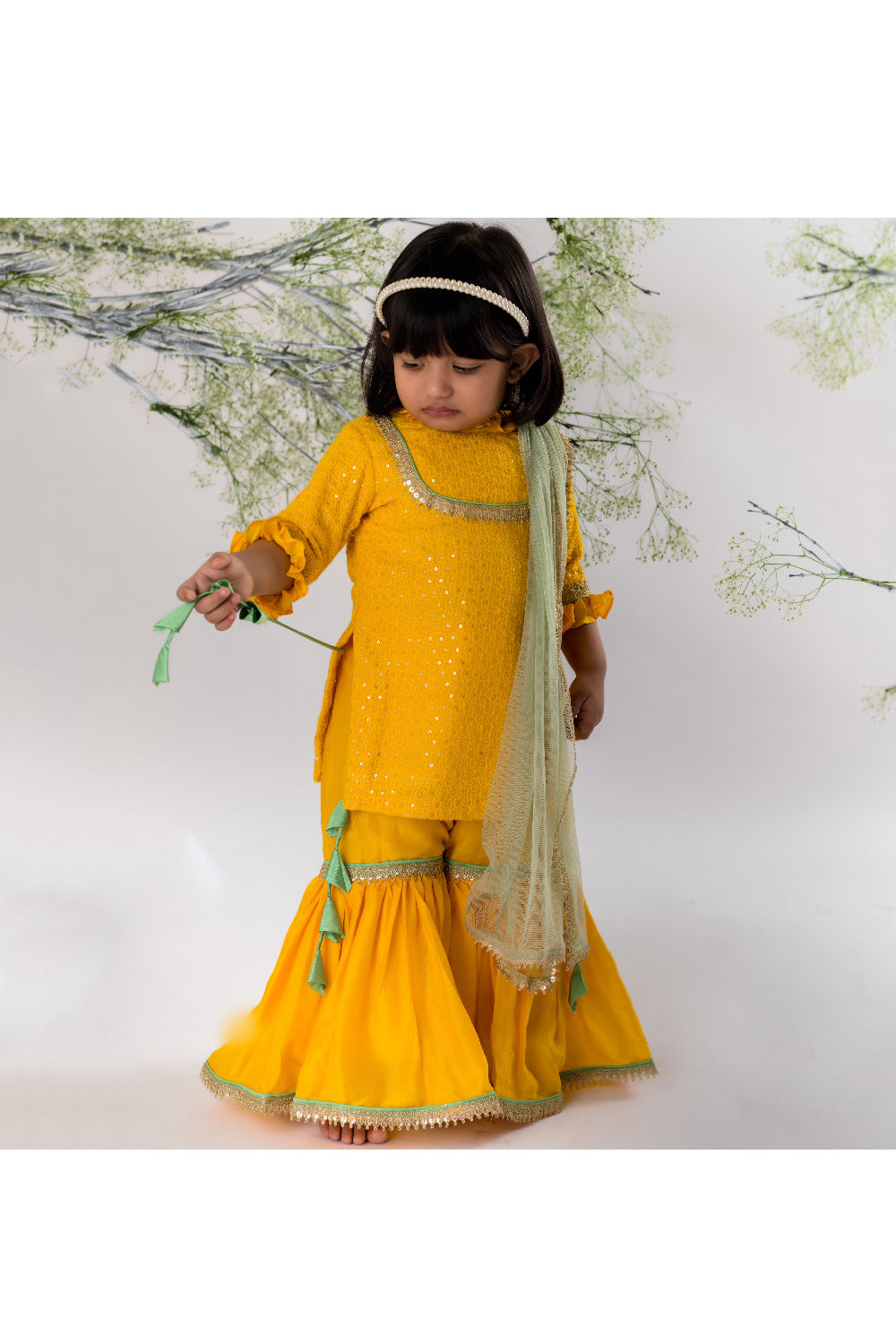 Mustard Yellow Sequins And Lace Detailing Kurta With Sharara Set